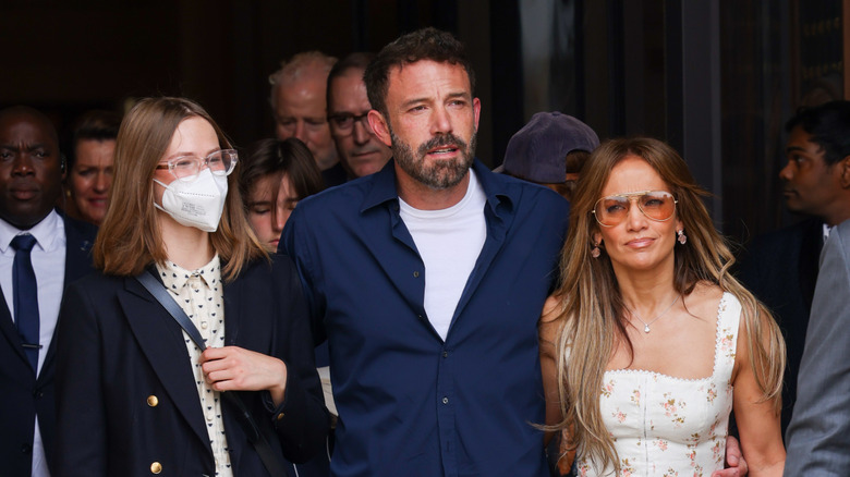 Violet Affleck, Ben Affleck, and Jennifer Lopez leaving a Paris hotel 2022