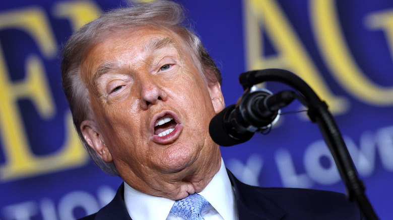 Donald Trump squints and speaks into a microphone.