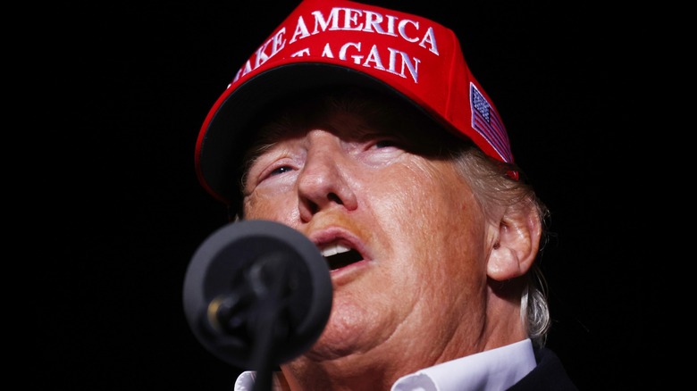 Donald Trump wears a MAGA hat and speaks into a microphone with a brown streak over his lip.