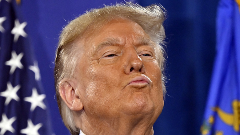 Donald Trump tilts his chin up, puckers his lips, and squints.