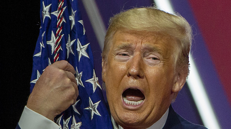 While grabbing an American flag, Donald Trump opens his mouth wide.