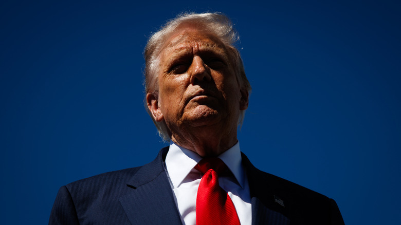 Shadows obscure Donald Trump's eyes as he squints outdoors in the sun.