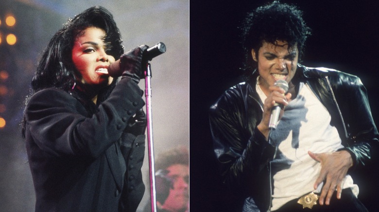 Split image of Janet Jackson performing onstage and Michael Jackson performing onstage.