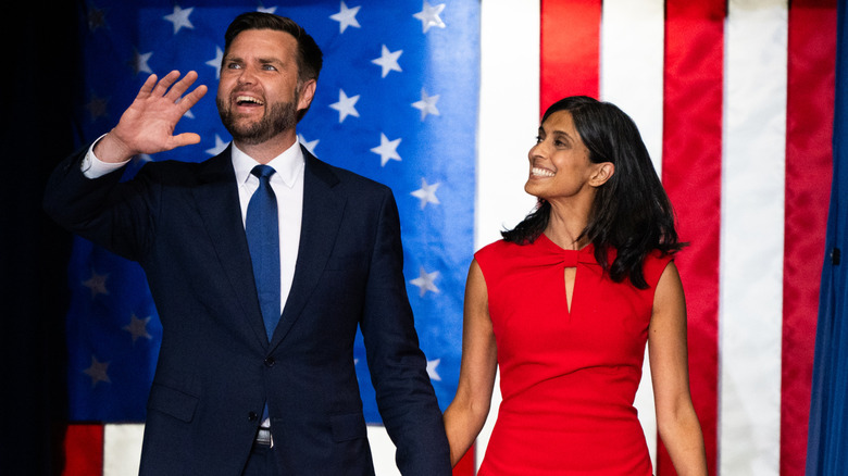 Usha Vance smiling as JD Vance waves