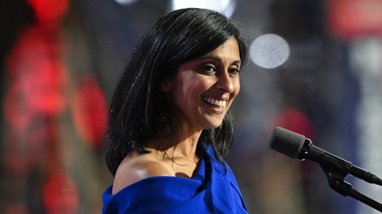 Usha Vance smiling in front of a microphone during the 2024 RNC