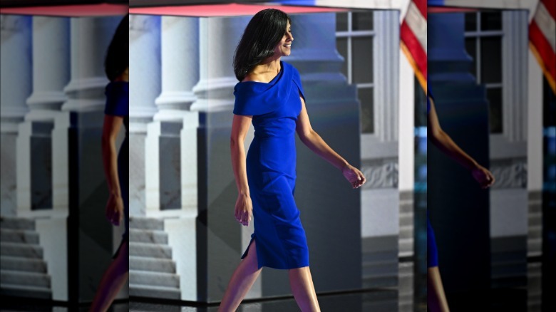 Usha Vance walking onstage at the 2024 RNC wearing a bright blue dress