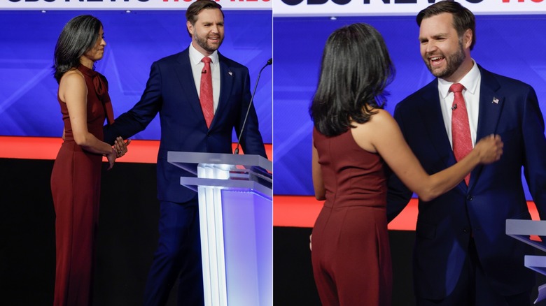 Usha Vance and JD Vance in side-by-side photos that show off her wine-red jumpsuit
