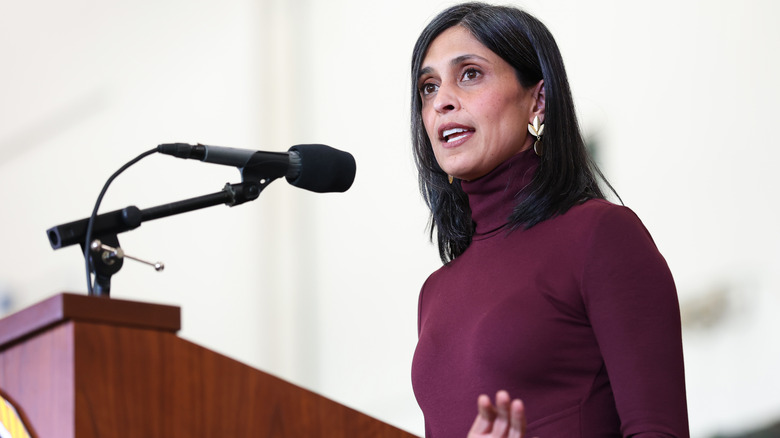 image of VP wife Usha Vance speaking out on a podium