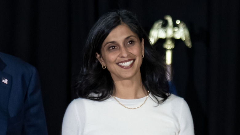 Usha Vance wearing a white shirt and a pair of matching-colored pants at the vice president election rally.