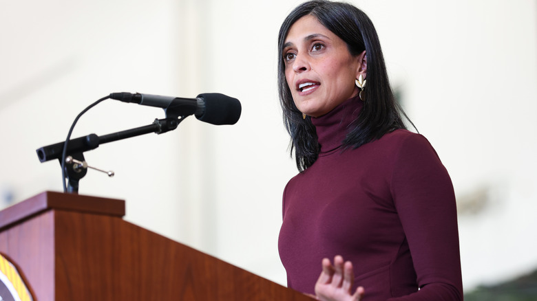 Usha Vance speaking at podium