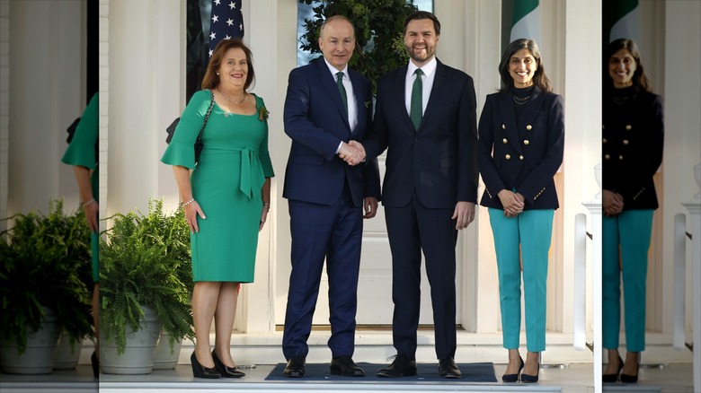 Micheál Martin, Mary O'Shea, JD, and Usha Vance smiling