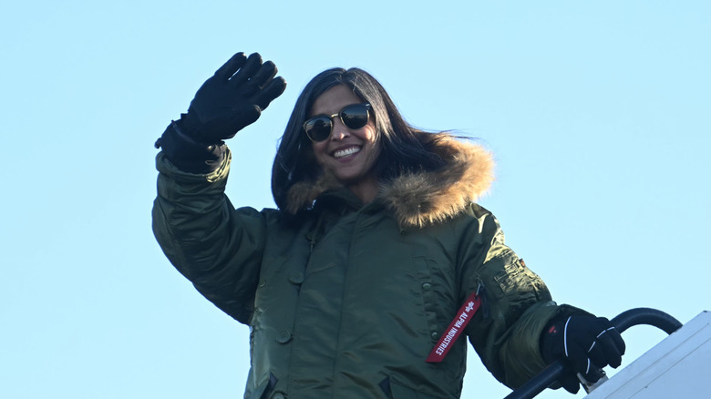 Usha Vance waving from the plane in Greenland
