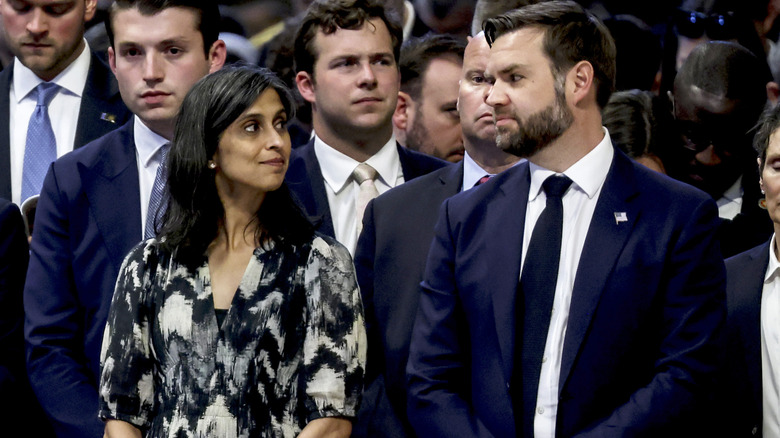 Usha Vance looking at JD in church