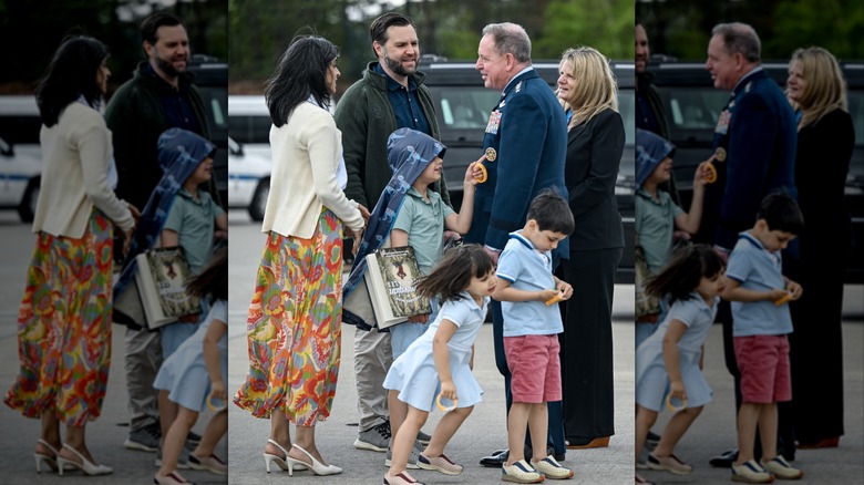 U.S. Air Force Gen. James Hecker talks with Vice President JD Vance and his wife Usha Vance (L) before departing Ramstein Air Base, Germany enroute to the U.S. on April 24, 2025 in Ramstein-Miesenbach, Germany (2025)