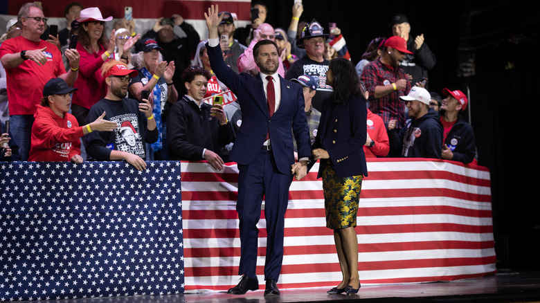 Republican vice presidential nominee, U.S. Sen. JD Vance (R-OH) arrives for a campaign event with his wife Usha at Memorial Hall in Racine, Wisconsin (2024)