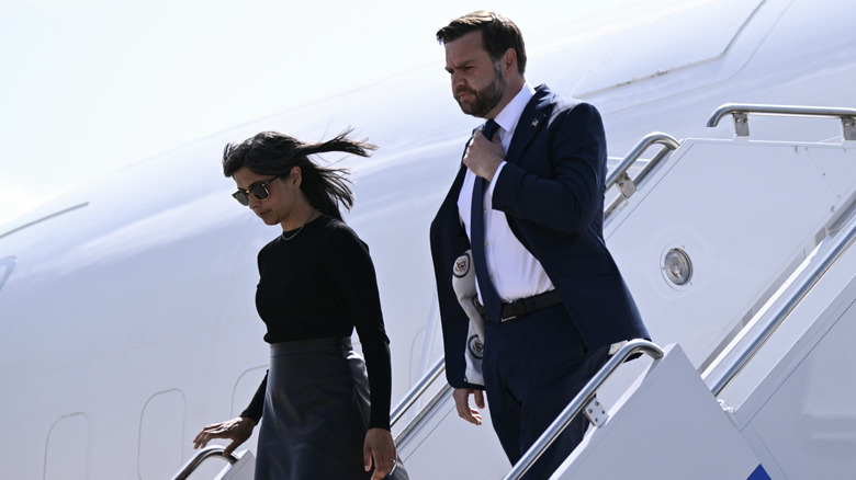 Usha and JD Vance exiting Air Force 2