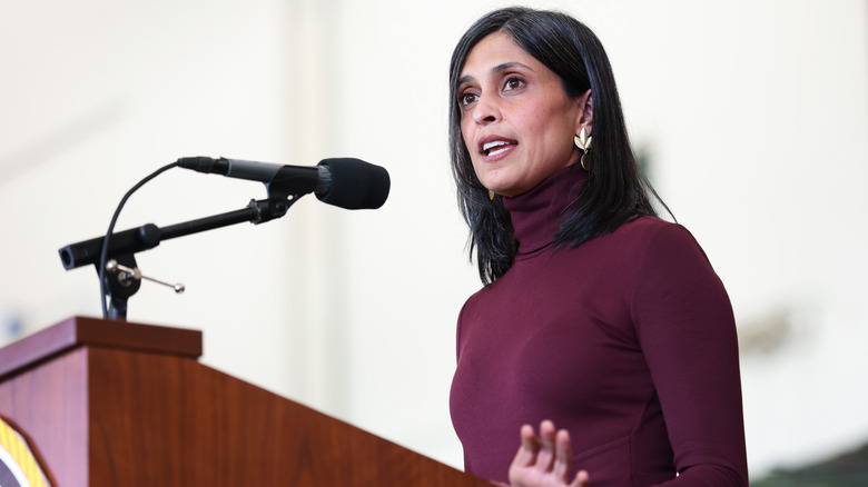 Usha Vance speaking into microphone