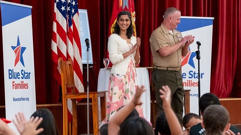 Usha Vance onstage for an event honoring Blue Star families at Marine Corp Base Camp Pendleton in Oceanside, CA (2025)