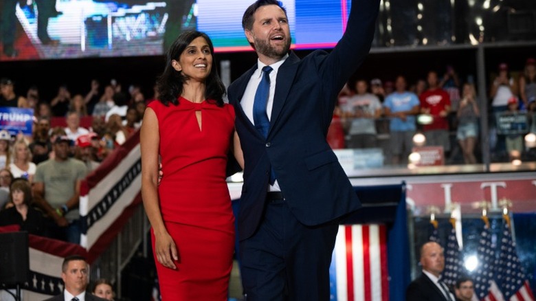 Usha Vance and JD Vance onstage during a rally for Donald Trump in St Cloud, MN (2024)
