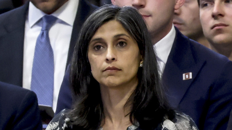 Closeup of Usha Vance in a crowd looking serious
