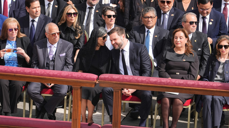 U.S. Vice President JD Vance (C) and his wife Usha Vance attend Pope Leo XIV's Inauguration mass on May 18, 2025 in Vatican City, Vatican