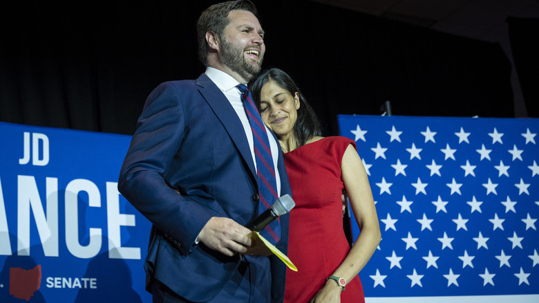 Usha Vance hugs JD Vance on the 2022 campaign trail