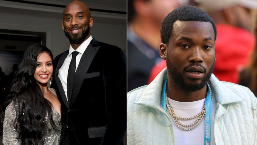 Vanessa Bryant and Kobe Bryant smiling / Meek Mill looking serious 