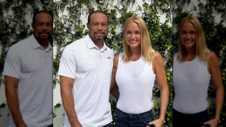 Tiger Woods and Vanessa Trump pose in front of shrubs