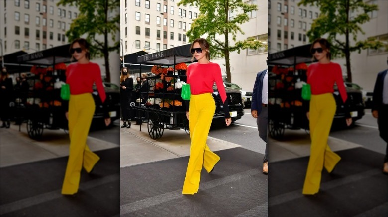 Victoria Beckham wearing a color-block outfit