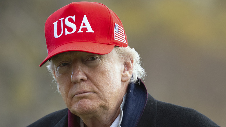 Donald Trump frowning in USA hat