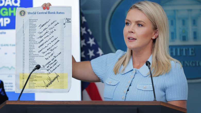 Karoline Leavitt holding up a hand-written note from Donald Trump