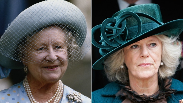 Split image of the Queen Mother smiling in a hat with a veil and Queen Camilla looking disgruntled in a green hat