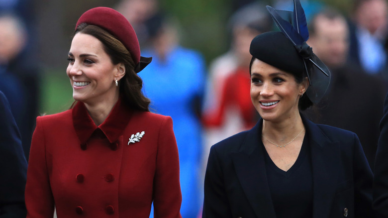 Catherine, Princess of Wales, and Meghan Markle walking to church on Christmas Day 2018