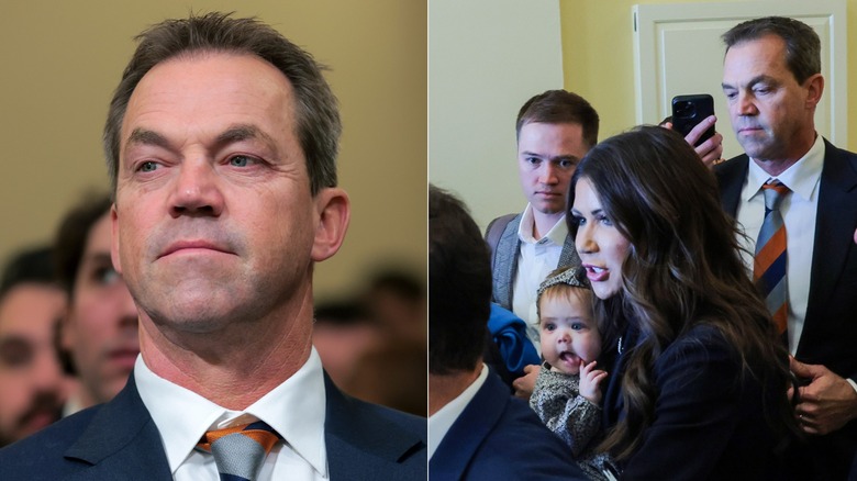 split screen of Bryon Noem looking serious and walking behind Kristi Noem