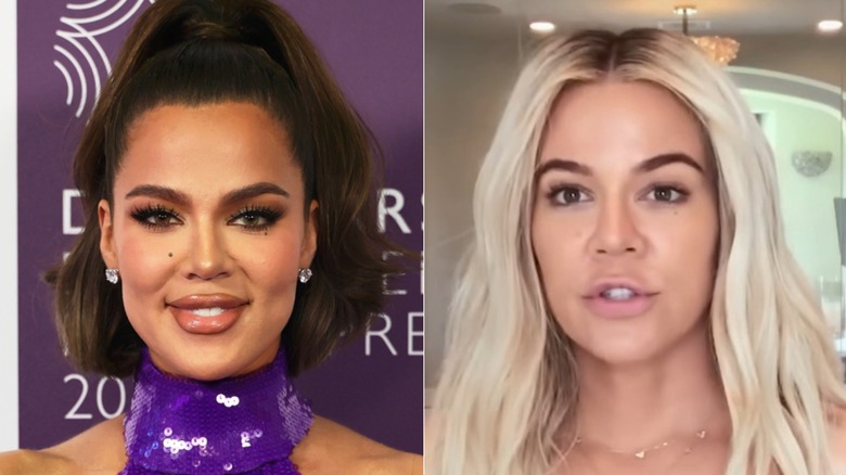 Split image of Khloé Kardashian with makeup on vs. no makeup