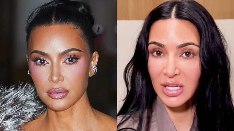 Split image of Kim Kardashian with makeup on vs. no makeup