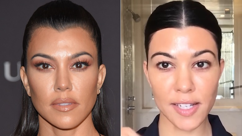 Split image of Kourtney Kardashian with makeup on vs. no makeup