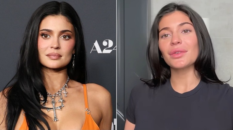 Split image of Kylie Jenner with makeup on vs. no makeup
