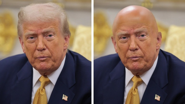 Split image of Donald Trump edited to be bald