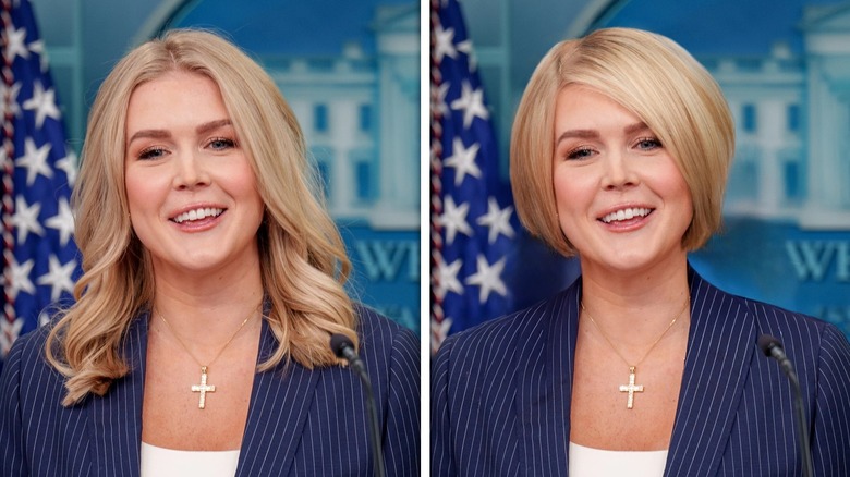 Split screen of Karoline Leavitt with long hair and a Photoshopped Kate Gosselin-style bob