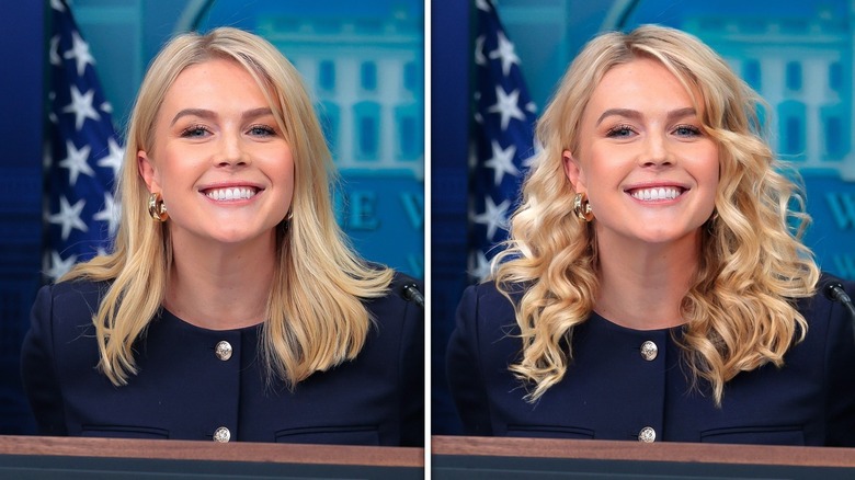 Side by side image of Karoline Leavitt with straight and curly hair