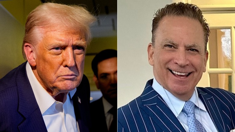 split screen of Donald Trump looking serious and Nicholas Riccio smiling