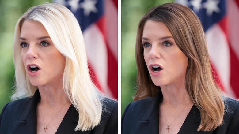 Side-by-side photos of Pam Bondi with blonde and brunette hair