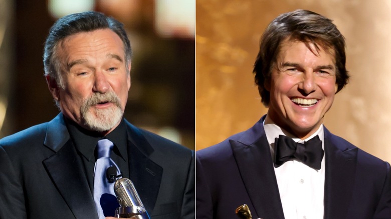 Split image of Robin Williams and Tom Cruise accepting awards onstage in suits