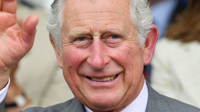 King Charles waving in a grey suit