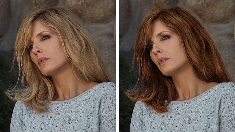 Split image of Kelly Reilly as Beth Dutton, blonde on the left and warm brunette on the right