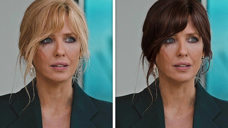 Split image of Kelly Reilly as Beth Dutton, blonde on the left and brunette on the right