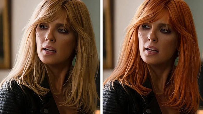 Split image of Kelly Reilly as Beth Dutton, blonde on the left and red on the right