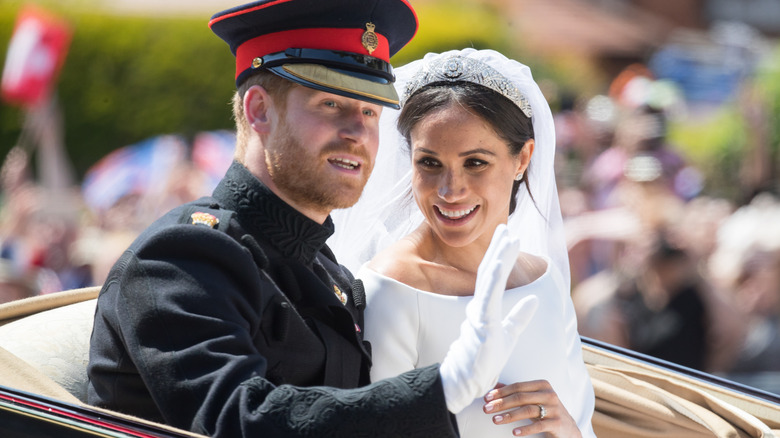 Meghan Markle, Duchess of Sussex, with Prince Harry on their wedding day in 2018