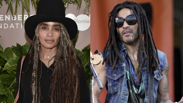 Split image of Lisa Bonet attending an event at the California Science Center and Lenny Kravitz onstage at the New Orleans Jazz Festival